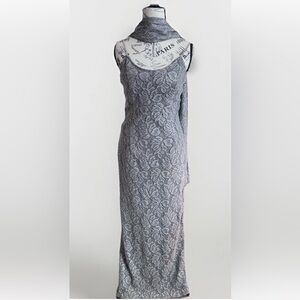vintage 90s y2k cache silver maxi knit crochet rhinestone strap prom dress